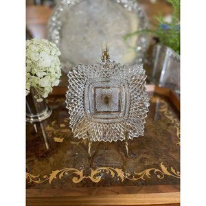 Vintage Clear INDIANA GLASS Co Square Ruffled Diamond Point Candy Nut Dish Bowl